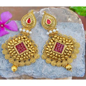 Antique Gold Dangler Earrings studded with Ruby